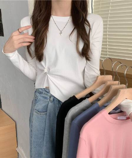 가을 한국 스타일 불규칙 디자인 센스 긴팔 티셔츠 여성 Chic 학생 맨위 여성 기본 셔츠