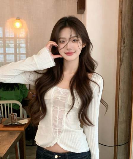 원본 원단 한 부서 레이스 긴팔 티셔츠 여성 한 부서 순수한 욕망 핫걸 바람 몸매 가꾸기 슬림해 보이는 쇼트 스타일 만나는 맨위