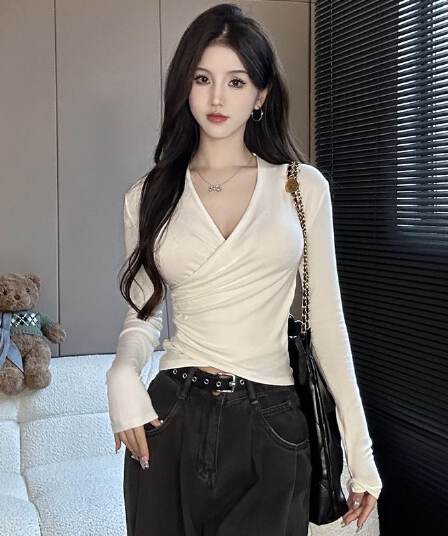 40 모달 260 그램 사람들 면 긴팔 티셔츠 순수한 욕망 V넥 십자가 허리 수축 슬림해 보이는 외국 가스 맨위