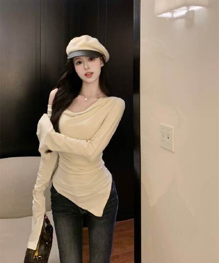 경관 그림 40 모달 260 그램 사람들 면 불규칙 荡荡 칼라 긴팔 티셔츠 쇄골 오프숄더 맨위