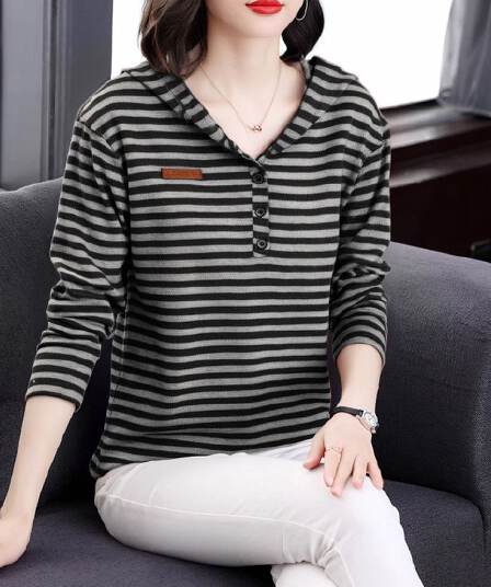 m-4xl 스트라이프 후드티 여성 가을 새로운 연령 감소 긴팔 한국 스타일 패션 다용도 슬림해 보이는 맨위 트렌디