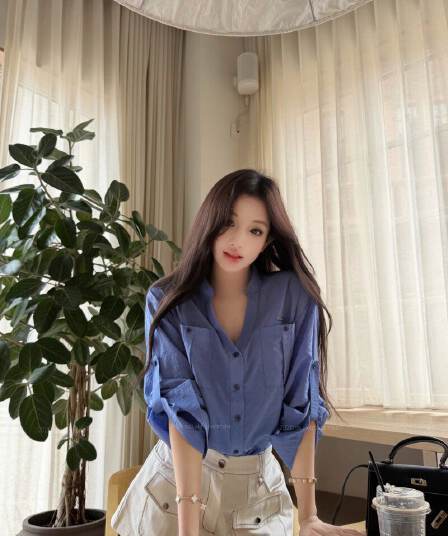 원본 원단 파란색 스탠드 칼라 루즈핏 긴팔 여성 셔츠 가을 V넥 여성 셔츠 조기 가을 셔츠