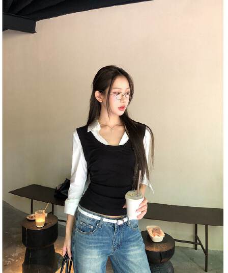 원본 것 여성 셔츠 가을 프랑스식 맨위 페이크 레이어드 긴팔 허리 수축 핫걸 자이언트 잘 생긴 셔츠