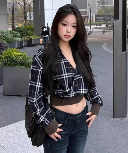 원본 순면 컬러 짜임 천 고급 센스 한 부서 레트로 배색 체크무늬 V 넥 셔츠 맨위 여성