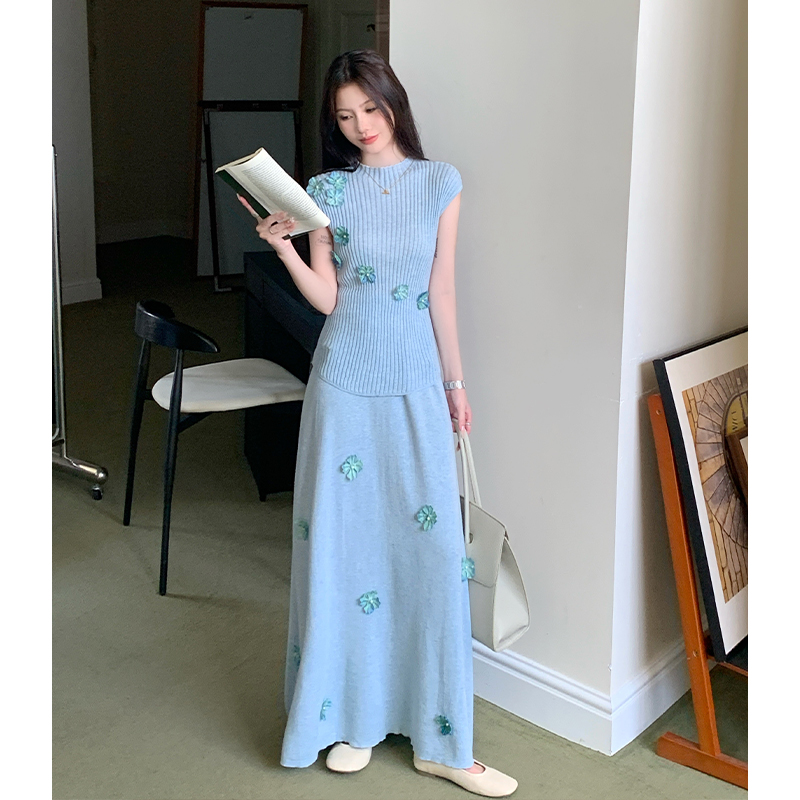 FA36401# 设计感法式立体绣花针织背心上衣长款半身裙两件套装女 服裝批發女裝批發服飾貨源