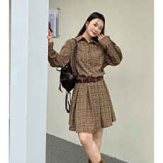 批发实拍<b class='q'>复古</b>格子长袖衬衫连衣裙女秋冬宽松收腰设计感百褶短裙
