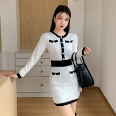 批发实拍<b class='q'>撞色</b>小香风收腰<b class='q'>连衣裙</b>纯欲气质包臀裙显瘦短裙秋冬内搭裙