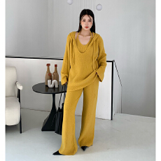 批发实拍连帽针织衫女秋冬<b class='q'>宽松</b>慵懒风挂脖吊带阔腿长裤三件套装