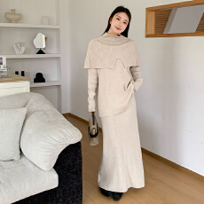 批发实拍慵懒风针织毛衣短斗篷披肩V领宽松上衣高腰半身长裙套装