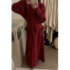 批发韩版下摆花边收腰系带针织衫一字肩<b class='q'>上衣</b>高腰半身长裙套装女