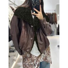 批发美式复古时尚宽松短款羊羔毛大翻领皮衣夹克女<b class='q'>冬</b>季加绒外套