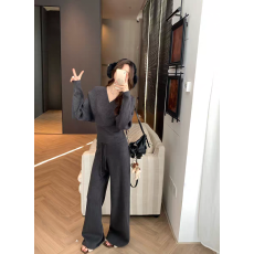 批发慵懒<b class='q'>气质</b>交叉V领长袖针织衫毛衣女高腰微喇阔腿长<b class='q'>裤</b>两件套<b class='q'>装</b>