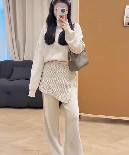 가을 겨울 새로운 디자인 센스 니트 세트 여성 스웨터 랩스커트팬츠 와이드 레그 팬츠 패션 3종 세트 느긋한 바람