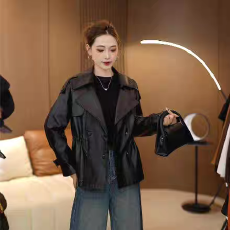 批发翻领西装皮衣韩版收腰气质皮风衣宽松显瘦皮夹克休闲外套春