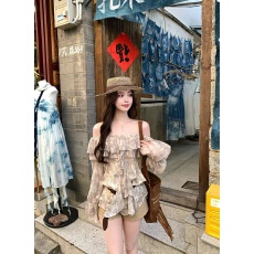 批发落日春夏飘逸感印花露肩吊带木耳边<b class='q'>宽松</b>显瘦小衫上衣配腰带女