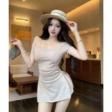 批发实拍纯欲辣妹露肩吊带上衣设计感中长款T恤<b class='q'>连衣</b>裙打底<b class='q'>裤</b>套装