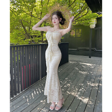 批发实拍法式重工花朵钉珠吊带长款蕾丝打底包臀<b class='q'>连衣裙</b>气质鱼尾裙