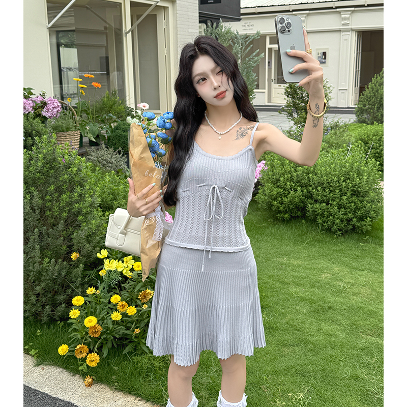 프랑스식 니트 슬립 여성 드레스 플리츠 스커트 민소매 디자인 센스 미니 스커트 달콤함 작은 키 치마