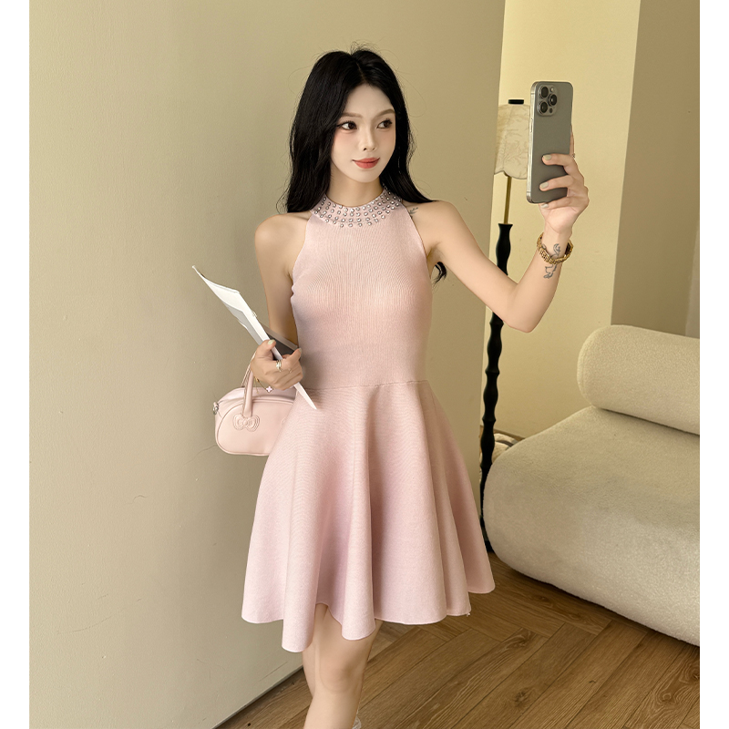 프랑스식 작은 샤넬 스타일 다이아몬드 세팅 그는 벤 행침 목 허리 수축 공주 드레스 여성 뜨개질 품격 민소매 조끼 스커트