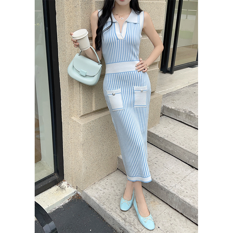 프랑스식 작은 샤넬 스타일 민소매 니트 드레스 스트라이프 폴로 칼라 대기 몸매 가꾸기 슬림해 보이는 롱 코트 치마