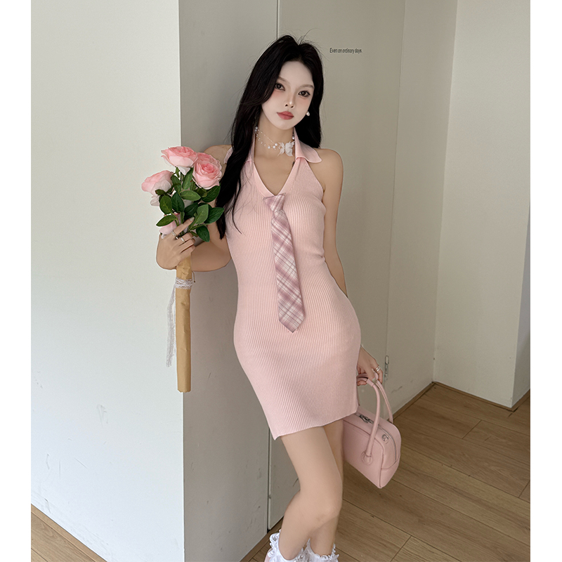 한국 스타일 폴로 칼라 넥타이 드레스 디자인 센스 V넥 몸매 가꾸기 니트 타이트 스커트 미니 스커트 작은 키 치마