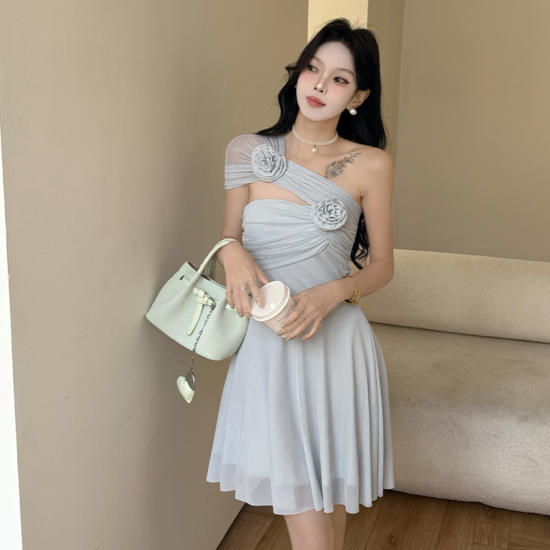 3 차원 꽃 망사 행침 목 튜브탑 기타 착용 박하 녹색 드레스 오프숄더 예복 미니 스커트 여름