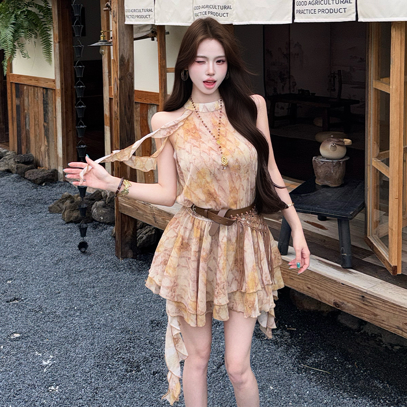 휴가 바람 행침 목 여성 드레스 허리 수축 슬림해 보이는 조끼 민소매 슬립 드레스 홀치기 염색 쉬폰 미니 스커트