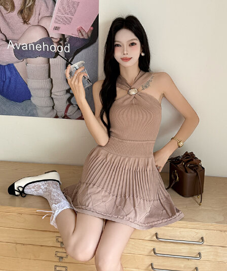프랑스식 품격 여름 행침 목 슬립 드레스 하이웨이스트 한 마디 퍼프 스커트 몸매 가꾸기 니트 미니 스커트