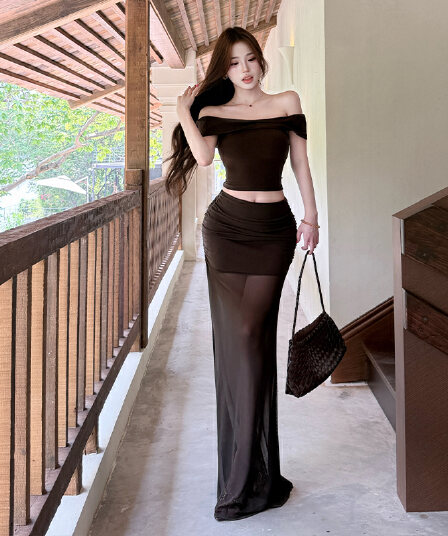 오프숄더 순수한 욕망 몸매 가꾸기 반팔 티셔츠 맨위 여성 여름 망사 패치워크 타이트 스커트 반신 치마 세트