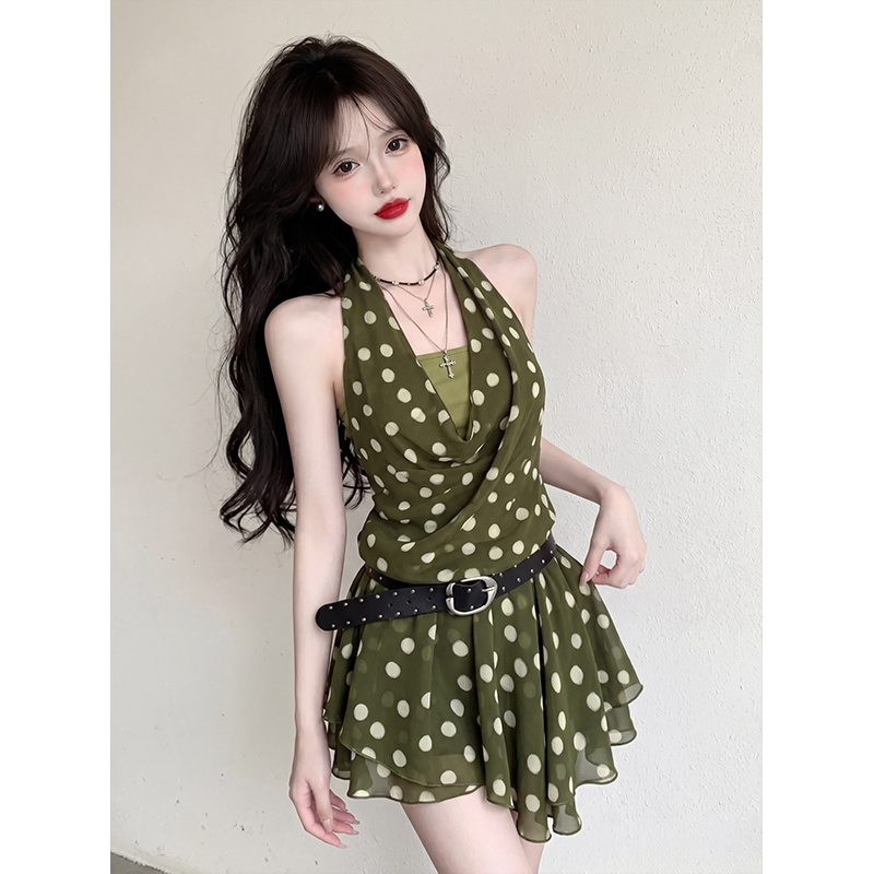 레트로 페이크 레이어드 흔들다 칼라 행침 목 도트 무늬 여성 드레스 하이웨이스트 몸매 가꾸기 슬림해 보이는 작은 키 미니 스커트