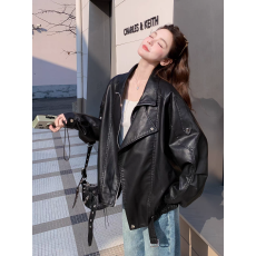 批发黑色复古机车服翻领<b class='q'>皮衣</b>外套男女酷飒爆款皮夹克宽松上衣秋