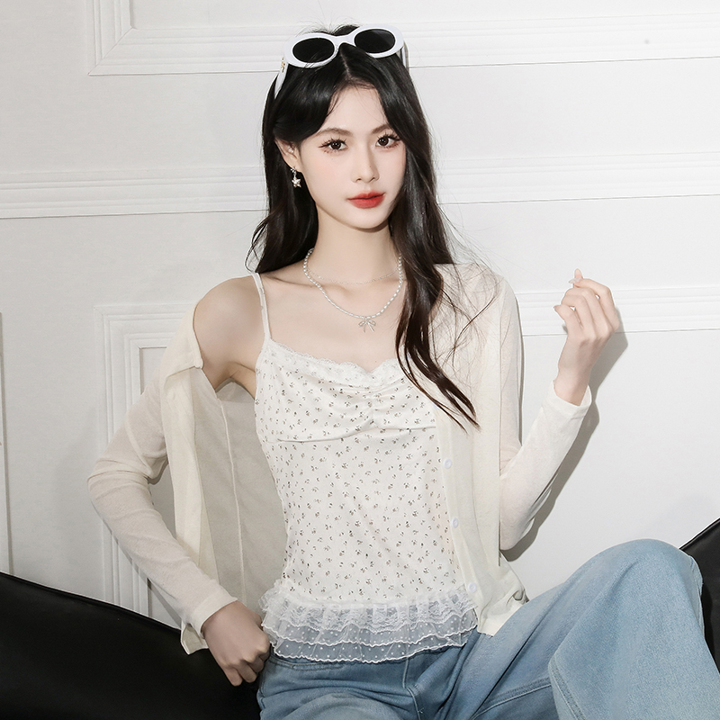 소녀 달콤함 꽃무늬 작은 슬링 조끼 레이스 측면 여성 인사이드 가져 가라. 긴팔 오픈 가디건 부드러운 바람 투피스 세트 맨위