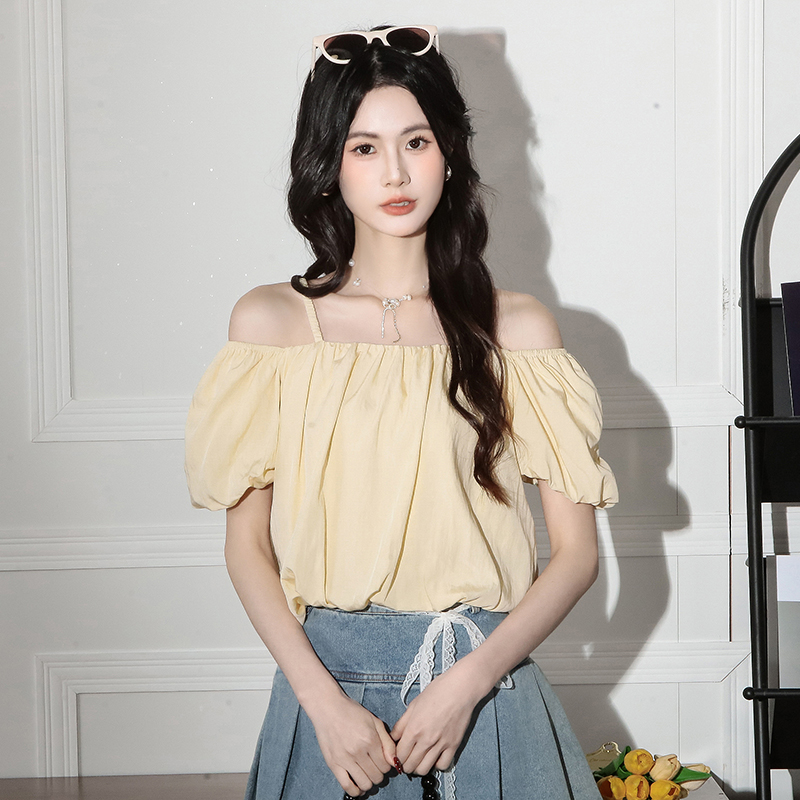 프랑스식 슬립 오프숄더 꽃밭 반팔 여성 셔츠 여름 얇은 스타일 연령 감소 달콤함 루즈핏 작은 키 쇼트 스타일 맨위