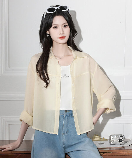 작은 대중 Chic 긴팔 POLO 칼라 황색 색상 셔츠 여성 의류 여름 미니멀리즘 chic 셔츠 루즈핏 캐주얼 맨위