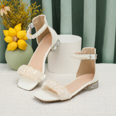 批发2025新款<b class='q'>夏</b>季女童凉鞋珍珠花边粗跟水晶跟方头软底货号