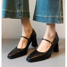 批发2026新款真皮方头玛丽珍鞋女高跟鞋女鞋货号