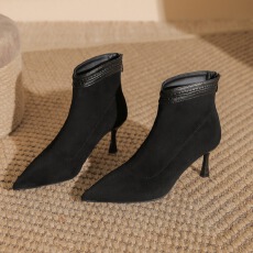 批发2025新款季冬绒面细跟袜靴后拉链弹力瘦瘦靴