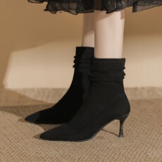 批发2025新款季冬绒面细跟<b class='q'>袜</b>靴后拉链弹力瘦瘦靴女靴货号