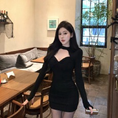 批发实拍实价 法式千金名媛风黑色低胸性感长袖连衣裙