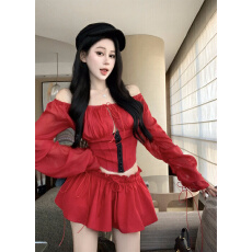 批发实拍实价  镂空系带一<b class='q'>字</b>肩长袖<b class='q'>T</b>恤显瘦高腰百搭<b class='q'>裤</b>裙两件套