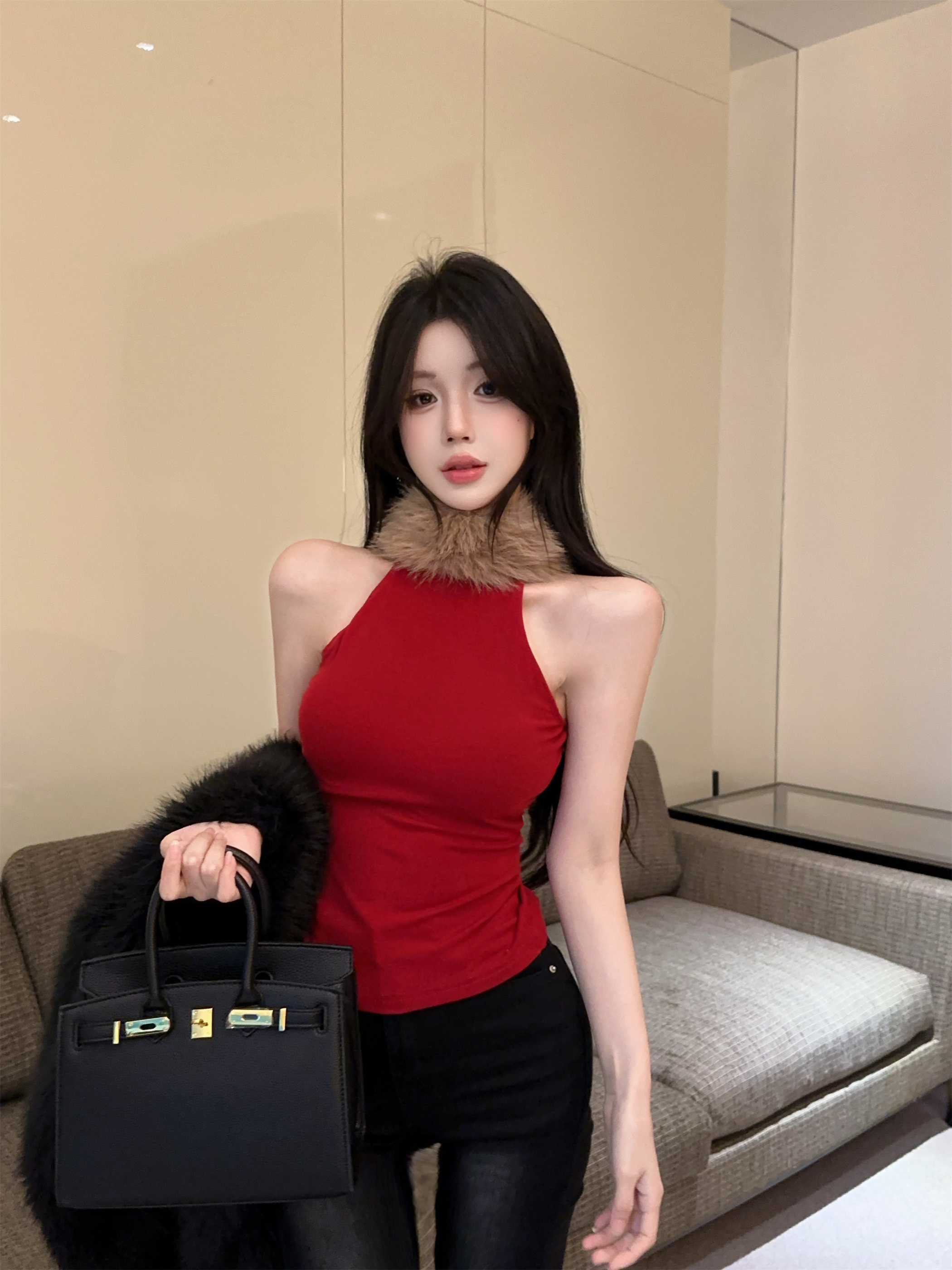 실사 정가 핫걸 바람 모피 패치워크 반하이넥 단어 조끼 여성 몸매 가꾸기 다용도 민소매 슬립