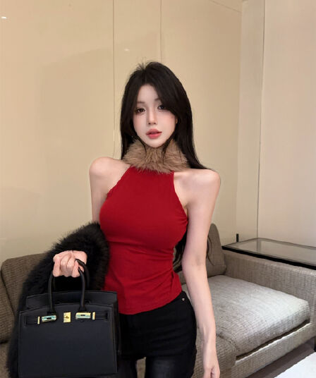 실사 정가 핫걸 바람 모피 패치워크 반하이넥 단어 조끼 여성 몸매 가꾸기 다용도 민소매 슬립