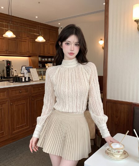 실사 정가 프랑스식 압력 주름 도트 무늬 리본 레이스 자카드 여성 셔츠