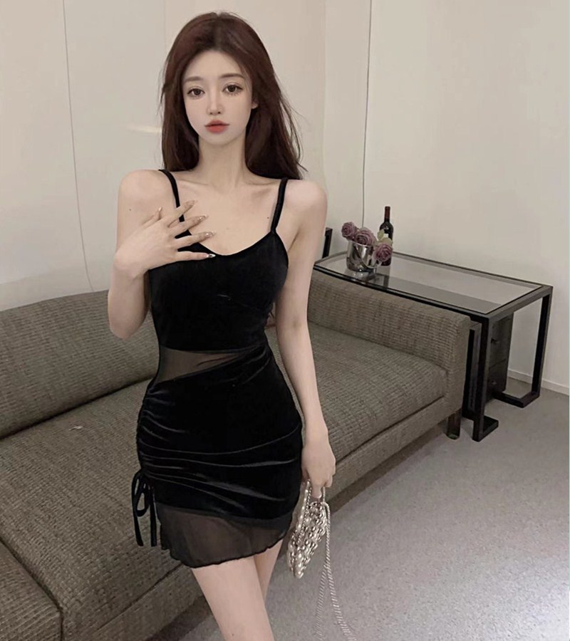 실사 여름 순수한 욕망 바람 섹시함 망사 패치워크 한국 플러시 슬립 드레스 슈퍼 몸매 가꾸기 슬림해 보이는 펌프 로프 미니 스커트