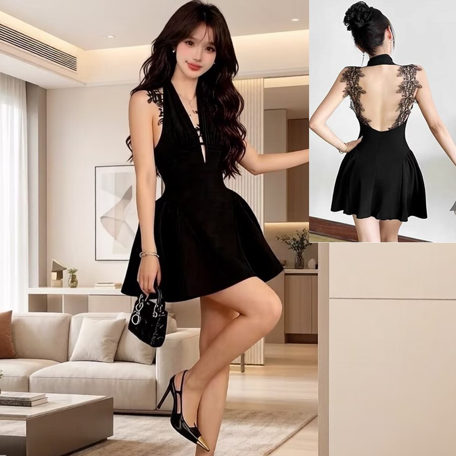 실사 깃발 파티 품격 홀로우 아웃 행침 목 미니 스커트 여성 섹시함 레이스 레이스 깊은 V 넥 허리 수축 한 마디 드레스