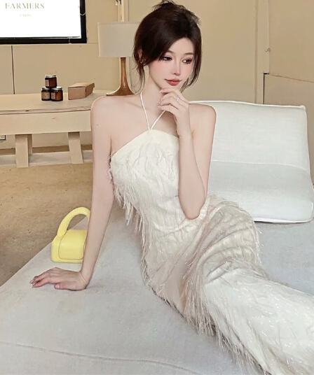 실사 그는 벤 바람 프랑스식 가스 질감 빛 럭셔리 모피 술 이브닝 드레스 여름 품격 행침 목 슬립 드레스