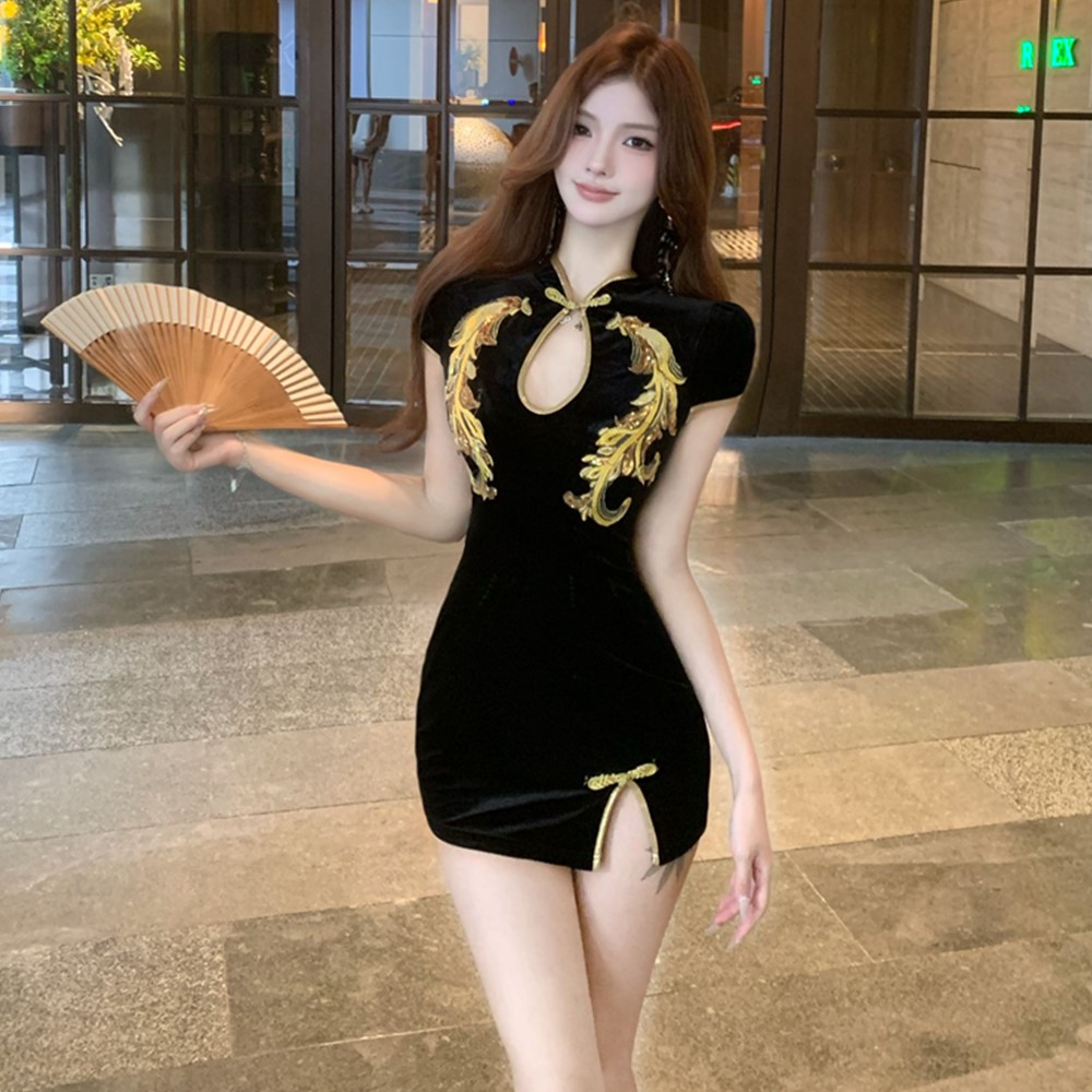 실사 여름 레트로 중식 개선 치파오 타이트 스커트 미니 스커트 낮은 가슴 섹시함 야간 필드 기술자 작업복 드레스