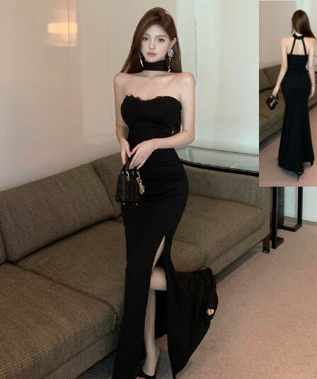 실사 명문 여성 품격 검정색 튜브탑 행침 목 레이스 측면 예복 치마 섹시함 백리스 타이트 트임 드레스