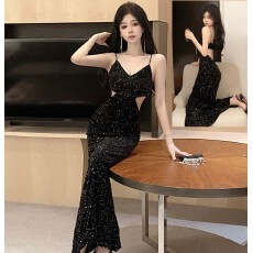 批发拍性感珠片植绒大露背吊带<b class='q'>连衣裙</b>女秋冬百搭高冷御姐风礼服长裙