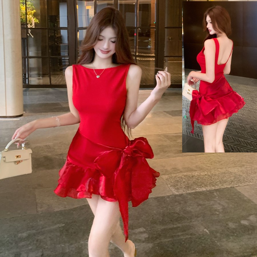 RY7829# 实拍轻熟御姐风复古无袖连衣裙时尚设计感系带蝴蝶结显瘦露背短...